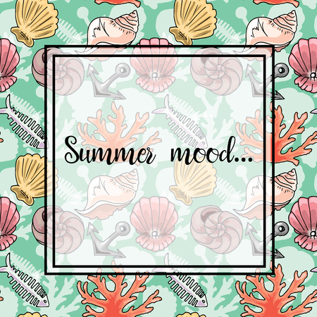 Hand-drawn illustrations. Image with seashells, coral and marine inhabitants. Postcard, summer mood. Seamless patternのイラスト素材