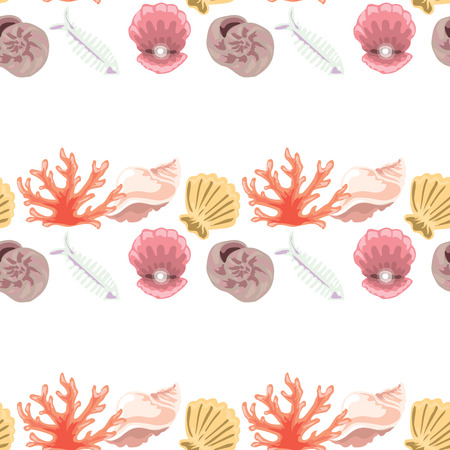 Hand-drawn illustrations. Image with seashells, coral and marine inhabitants. Seamless patternのイラスト素材