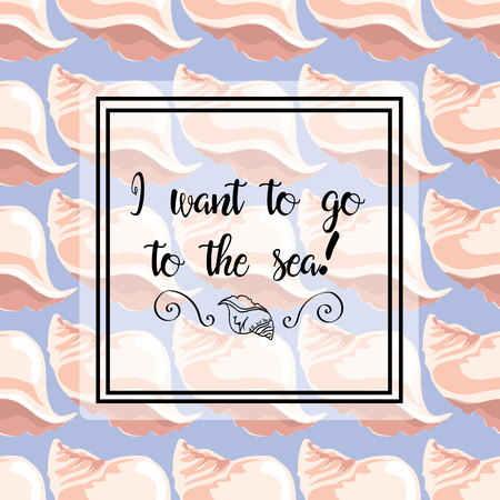 Hand-drawn illustrations. Image with sea shells on a blue background. Postcard, I want to the sea. Seamless patternのイラスト素材