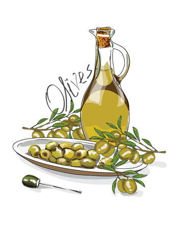 Illustration for the book. Seamless pattern. A jar with olive oil. The branches of the olive. Postcard with food. Gastro postcardのイラスト素材