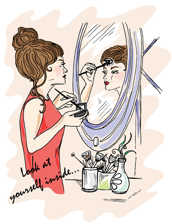 Illustration for the book. Look at yourself inside. The girl does makeup. Displays in the mirror. Mystery around us. Third Eyeのイラスト素材