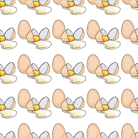 Illustration with food. Seamless pattern. Ingredient fresh eggs. Broken eggs and shells. The picture for the bookのイラスト素材