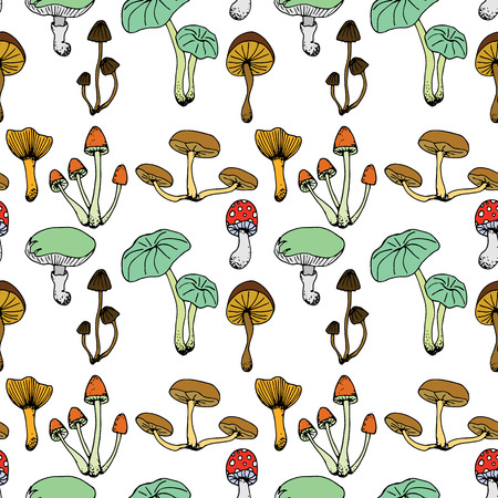 Nature illustration. Natural materials. Forest postcard. Assorted mushrooms. Edible and poisonous mushrooms. Seamless pattern.のイラスト素材
