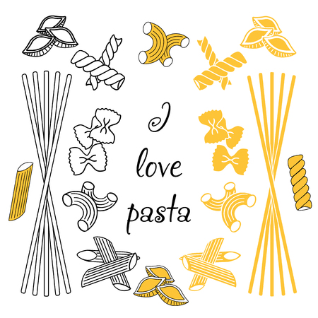 Set products. Seamless pattern. Ready-made ingredients. Variety of pasta. Set pasta. I love pastaのイラスト素材