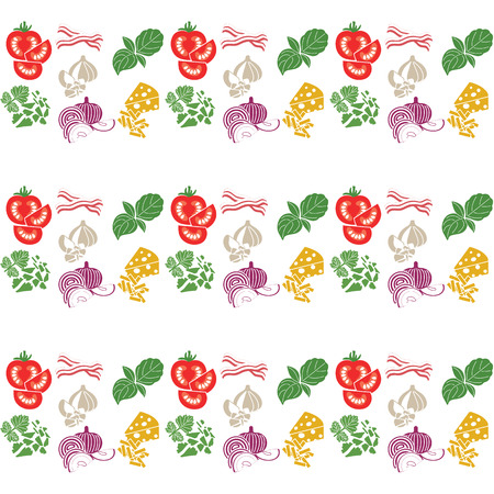 Set products. Seamless pattern. Sliced vegetables. Ready-made ingredients. Parsley, basil, bacon, onion, garlic, cheeseのイラスト素材