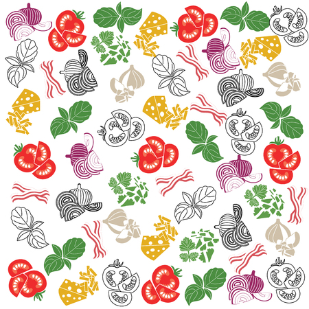 Set products. Seamless pattern. Sliced vegetables. Ready-made ingredients. Parsley, basil, bacon, onion, garlic, cheeseのイラスト素材