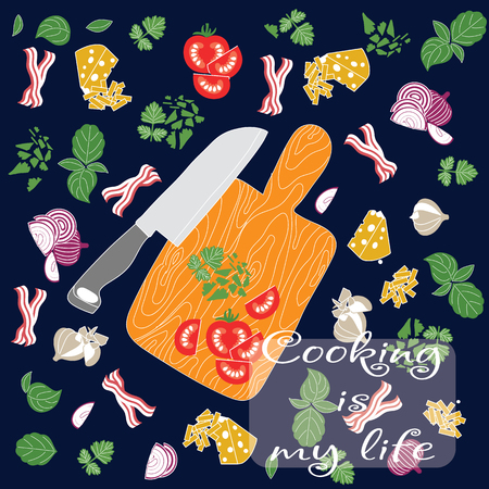 Set products. Seamless pattern. Sliced vegetables. Ready-made ingredients. Parsley, basil, bacon, onion, garlic, cheese. Knife and board. Cooking is my lifeのイラスト素材