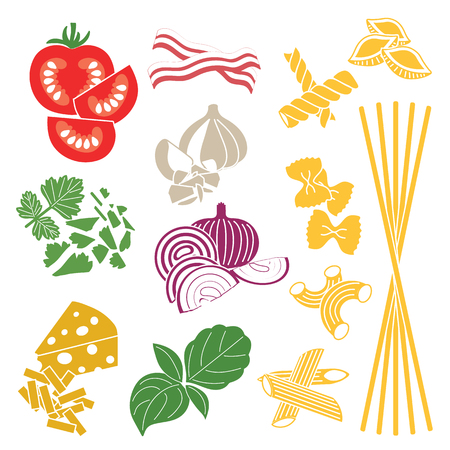 Set products. Seamless pattern. Pasta and vegetables. Ready-made ingredients. Parsley, basil, bacon, onion, garlic, cheese, pastaのイラスト素材