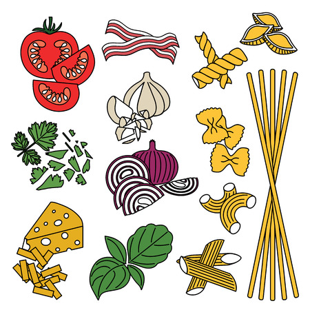 Set products. Seamless pattern. Pasta and vegetables. Ready-made ingredients. Parsley, basil, bacon, onion, garlic, cheese, pastaのイラスト素材
