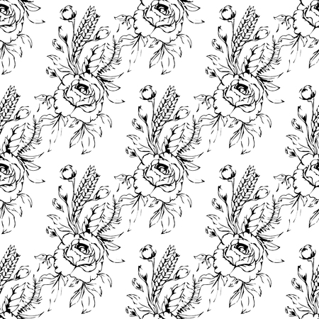Bouquet of roses seamless pattern background in black and white.のイラスト素材