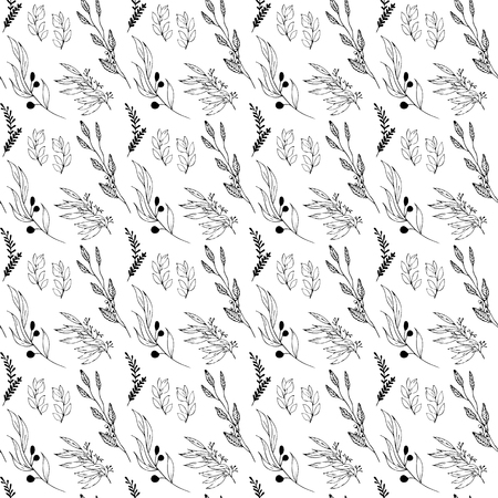 Postcard with branches and leaves. Seamless pattern with black and white plants.のイラスト素材