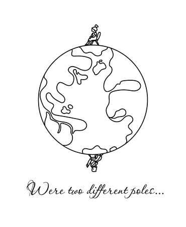 Postcard for a couple of people. We are with you on different poles. Inscription for reflection. Black and white illustration.のイラスト素材