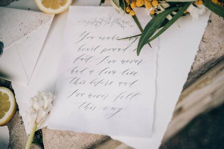 Wedding calligraphy and decor. Wedding invitations, envelope, lace, cards
