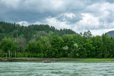 trees by the turquoise river and thundercloudsの写真素材