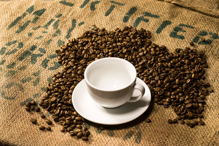 white coffee cup on a coffee sack with roasted beans aroundの写真素材