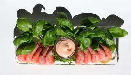 Pink sauce and shrimps on a white backgroundの写真素材
