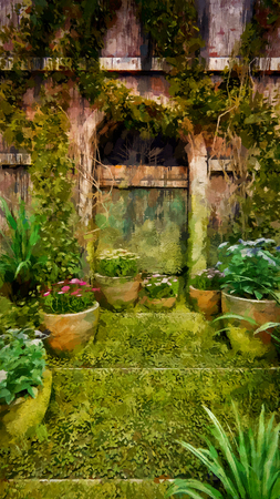 entrance door closing dirty and rough with overgrown  / stroke paintingの写真素材