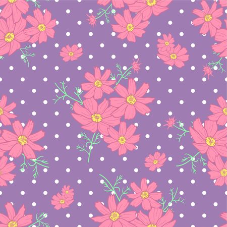 Pink floral texture vector seamless pattern. Cosmos flower bouquets on violet backgroun with polka dot. Great for spring and summer wallpaper, backgrounds, invitations, packaging design projects.のイラスト素材