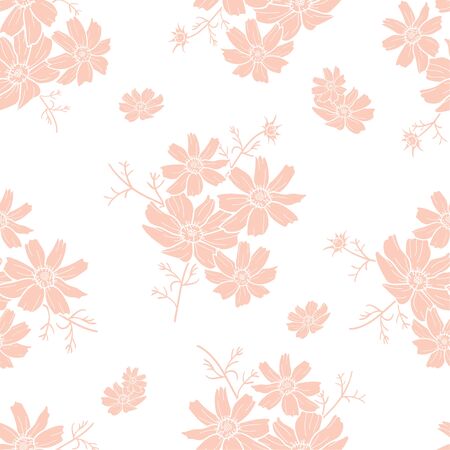 Peach floral silhouette vector seamless pattern on white abckground. Great for spring and summer wallpaper, backgrounds, invitations, packaging design projects. Surface pattern design.のイラスト素材