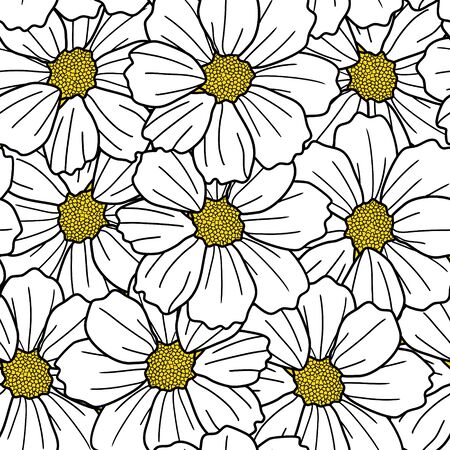 Closeup flower overlapping vector seamless pattern. White cosmos flower. Great for spring and summer wallpaper, backgrounds, invitations, packaging design projects.のイラスト素材