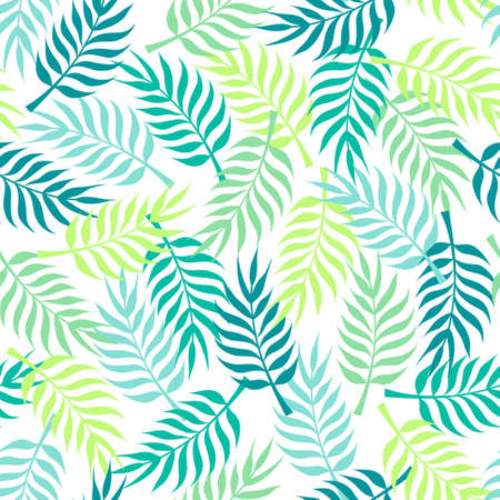 Tropical pattern with green palm tree leaves on white background. Great for wallpaper, backgrounds, invitations, packaging, design projects, textile scrapbookingのイラスト素材