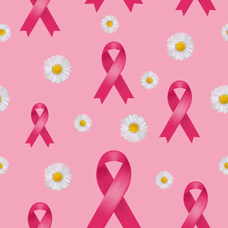 Breast cancer pink ribbon seamless pattern with daisies on pink background.のイラスト素材