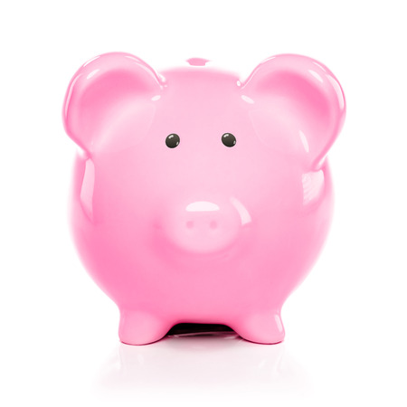 Front view of piggy bank isolated on white background (Pink piggy bank)の写真素材