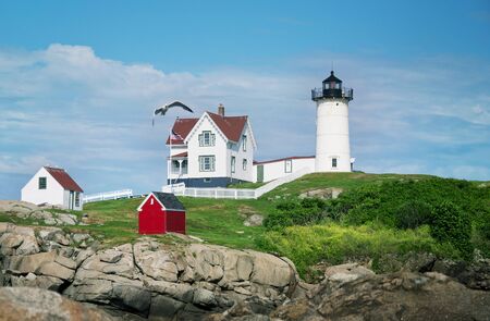 Nubble light house with flying gullの写真素材