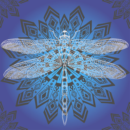 white dragonfly on blue background . Hand-drawn vector illustration.のイラスト素材