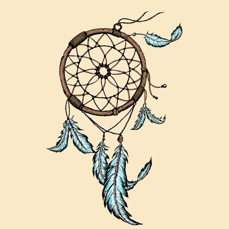 Hand-drawn dreamcatcher with feathers. Ethnic illustration, tribalのイラスト素材