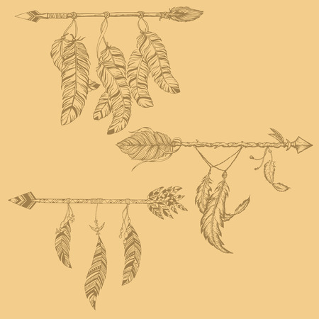 Arrow hand drawn in ethnical pattern with feathersのイラスト素材