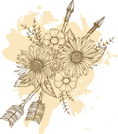 Beautiful boho elements . arrows, feathers and flowersのイラスト素材