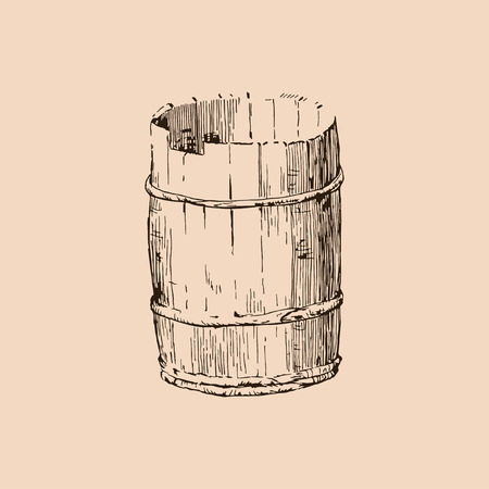 Hand drawn vintage illustration in engraved style. Alcohol, wine, beer or whiskey old wood keg. Great for pub or restaurant menu, label, poster, logo.のイラスト素材