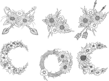 Beautiful boho elements . arrows, feathers and flowersのイラスト素材