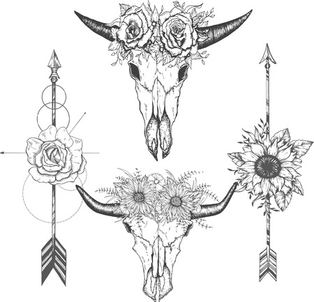 Beautiful boho elements buffalo skull, arrows, feathers and flowers.のイラスト素材