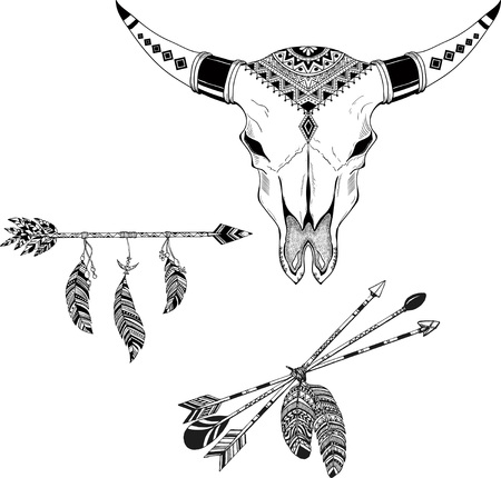 Beautiful boho elements buffalo skull, arrows, feathers and flowers.のイラスト素材