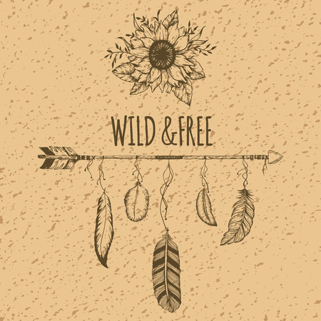 Tribal arrow in ethnical pattern with feathers and wild flowersのイラスト素材