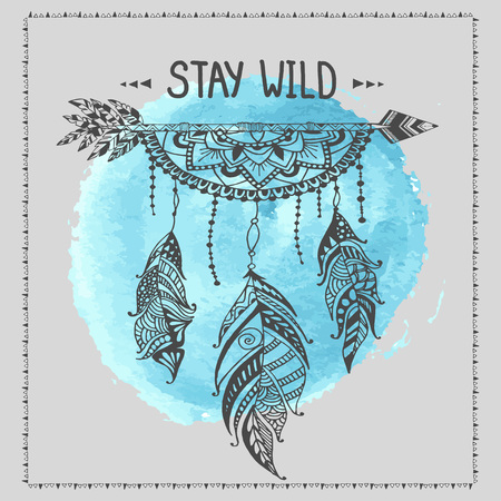 Tribal arrow in ethnical pattern with feathers and mandala dream catcherのイラスト素材