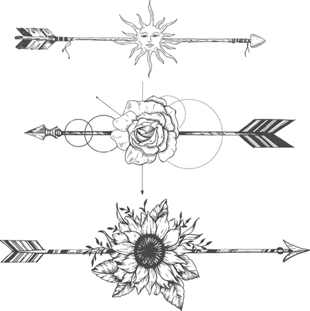 Tribal arrow set in ethnical pattern with feathers, sun face and wild flowersのイラスト素材