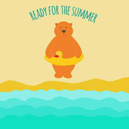 Summer holidays illustration with cute bear on the beach with inflatable ringのイラスト素材