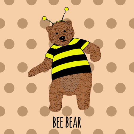 Hand drawn dancing bear in bee costume vector sketch illustrationのイラスト素材