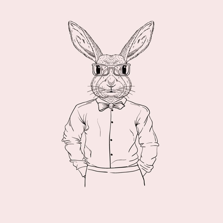 Hand drawn fashion illustration of bunny hipster dressed up in shirt.のイラスト素材