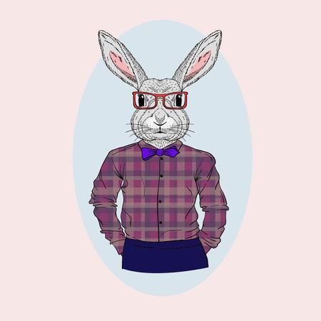 Hand drawn fashion illustration of bunny hipster dressed up in trendy plaid coat.のイラスト素材