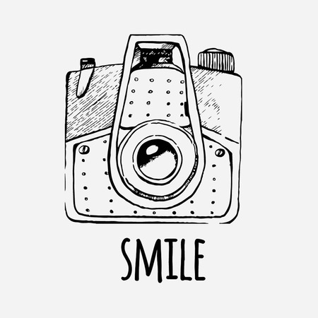 Vector retro hand drawn hipster photo camera. Vintage illustration for design, print for t-shirt,...