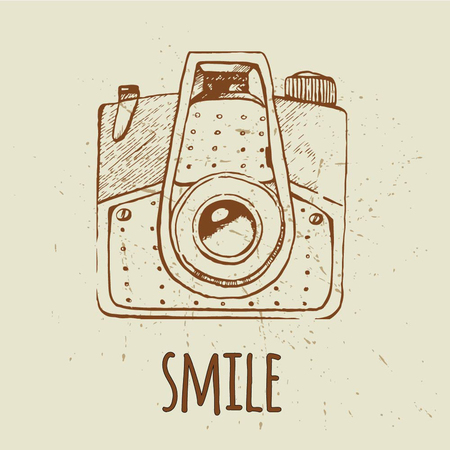 Vector retro hand drawn hipster photo camera. Vintage illustration for design, print for t-shirt, poster, card.のイラスト素材