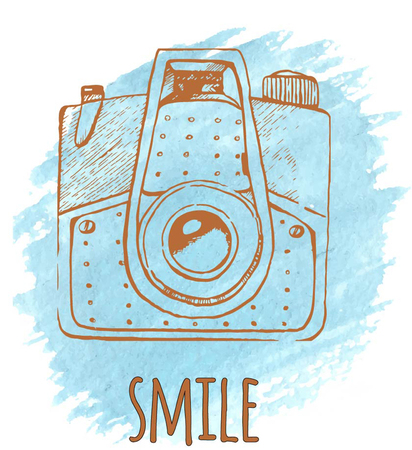 Vector retro hand drawn hipster photo camera. Vintage illustration for design, print for t-shirt, poster, card.のイラスト素材
