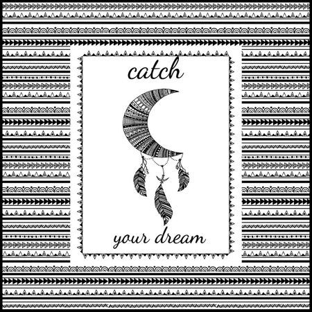 Vector ethnic pattern with moon dream catcher. Textile print with tribal ornament.のイラスト素材