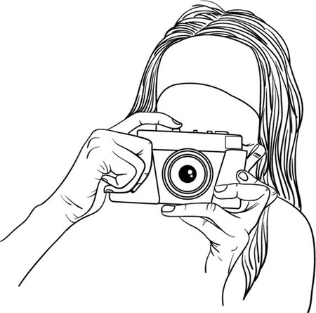 Sketch of woman taking photo with compact camera, Hand drawn illustrationのイラスト素材
