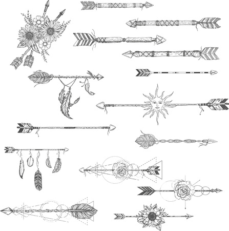 Arrow set hand drawn in ethnical pattern with feathersのイラスト素材