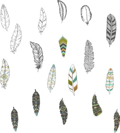Rustic decorative feathers. Hand drawn vintage vector design set.のイラスト素材